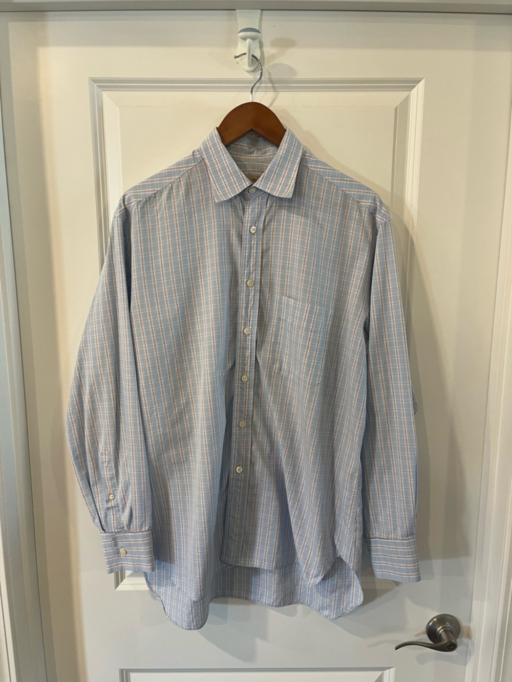 Billy Reid Light Blue Plaid Dress Shirt with White & Red Stripes